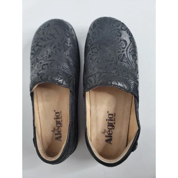 Alegria Womens Leather Clogs Shoes Black Embossed Slip On Casual EU 36 US 6.5 - Picture 6 of 9